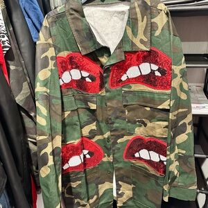 Camouflage Utility Jacket with Red Sequin Lips